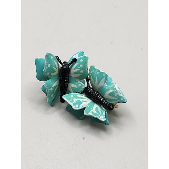 Vintage Turquoise Enamel Butterfly Clip On Earrings 1950s - Picture 1 of 9